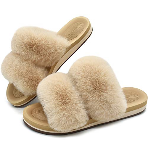 COFACE Women's Arch Support Fluffy Fur Sliders Beige Size 5